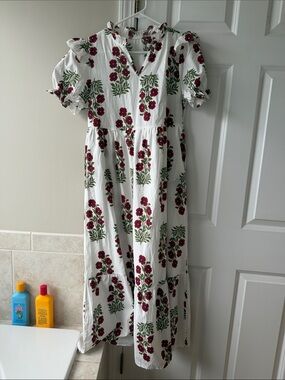 White Floral Tiered Maxi Dress with Red Flowers